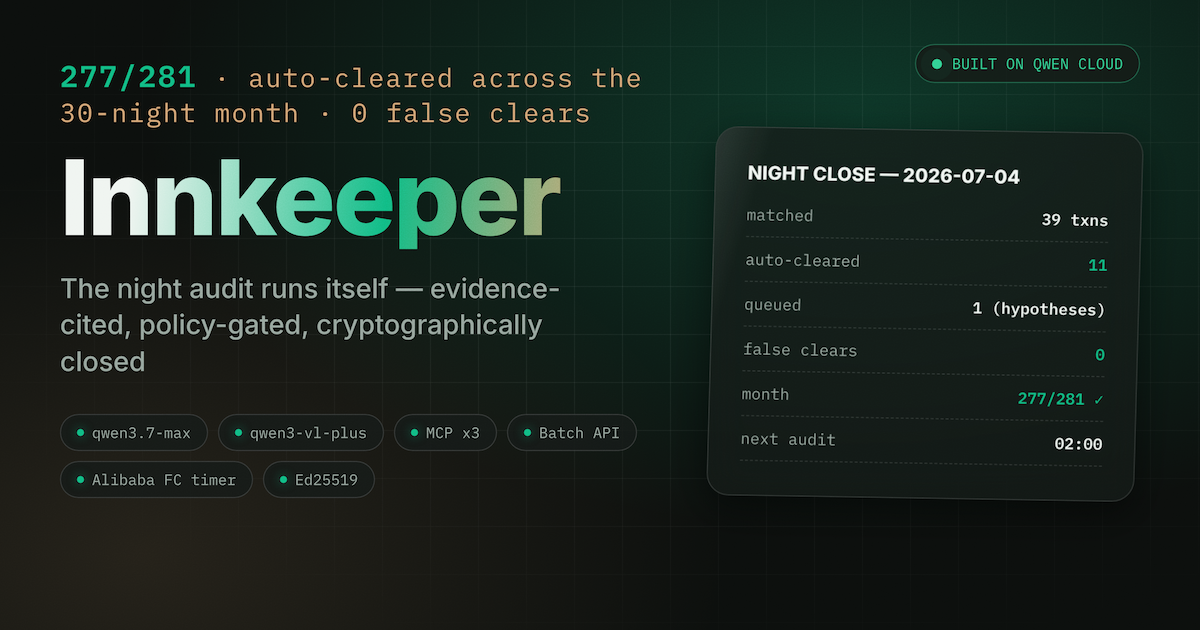 Innkeeper — the night audit finally sleeps: brand panel with service bell and signed-ledger motif